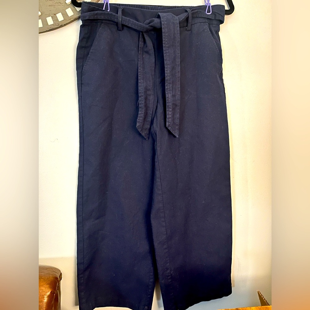 - J crew navy blue cropped linen cotton elastic waist  wide leg pants size…